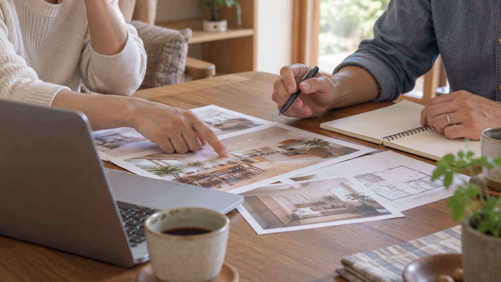ノートパソコンとメモ帳を前に、住宅リフォームを検討している中年夫婦の手元。落ち着いたリビング。