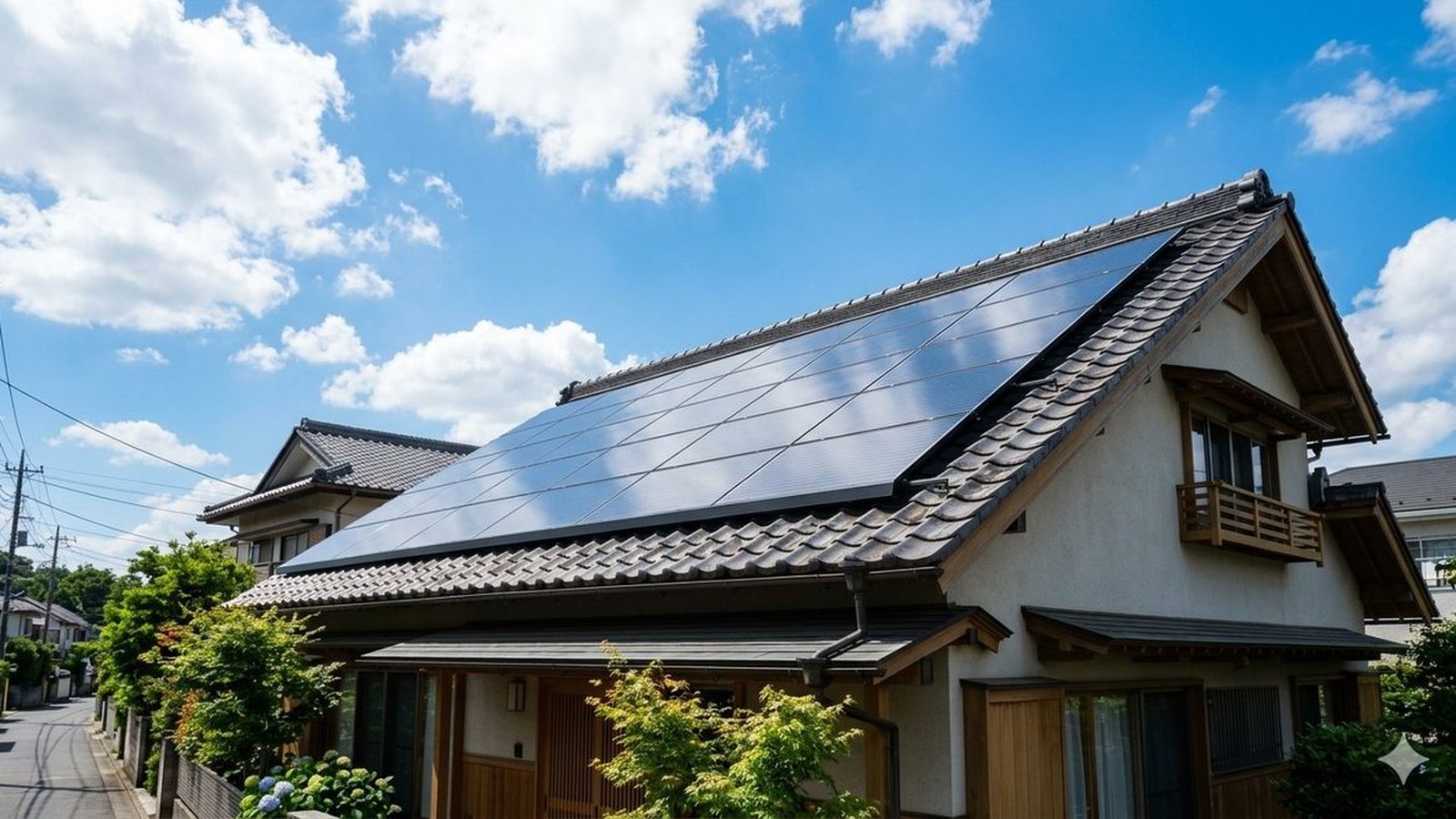 戸建て住宅の外壁沿いに設置された家庭用蓄電池ユニット。生活感のある庭先。
