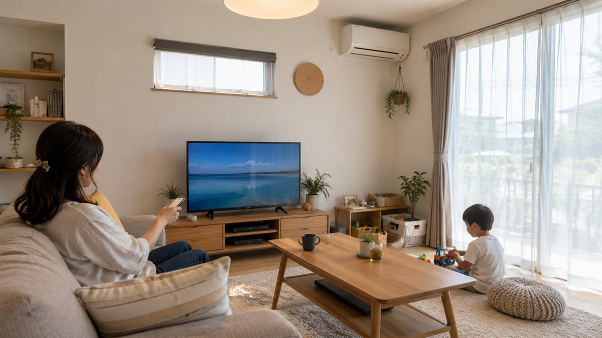 日中の明るいリビングでテレビやエアコンを使っている家庭の様子