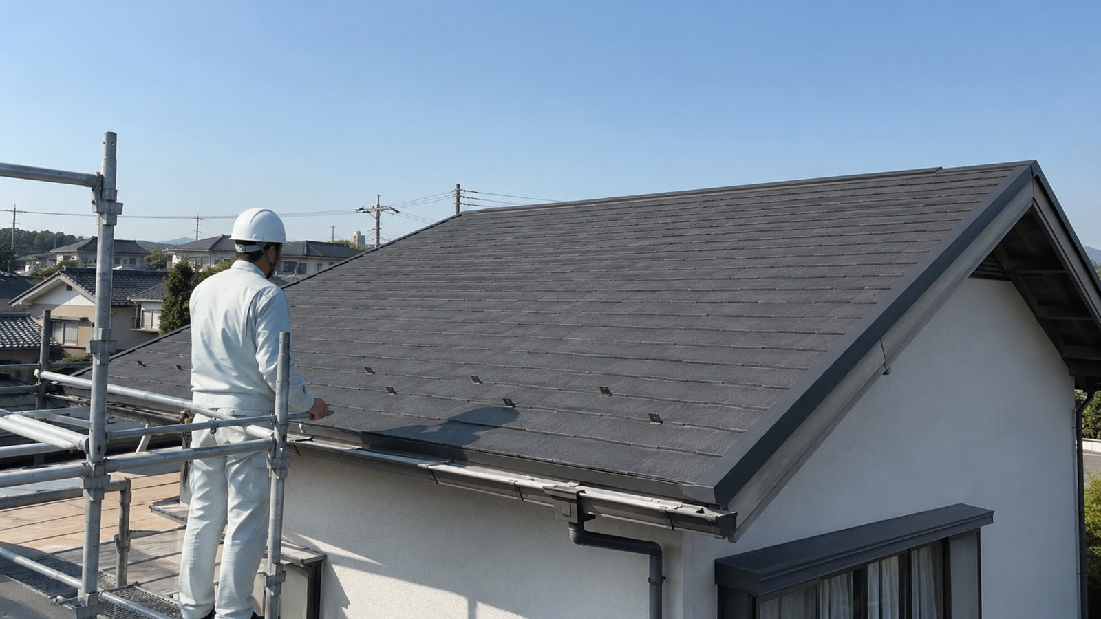 足場から戸建て住宅の屋根を点検している職人