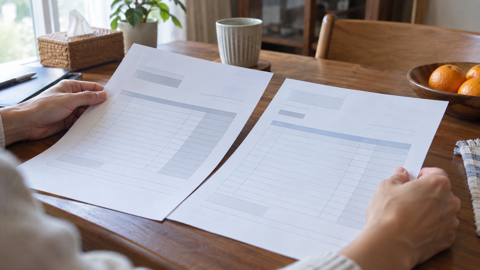 ダイニングテーブルに広げた見積書を2枚並べて見比べている手元。自然光。人物の顔は写さない。