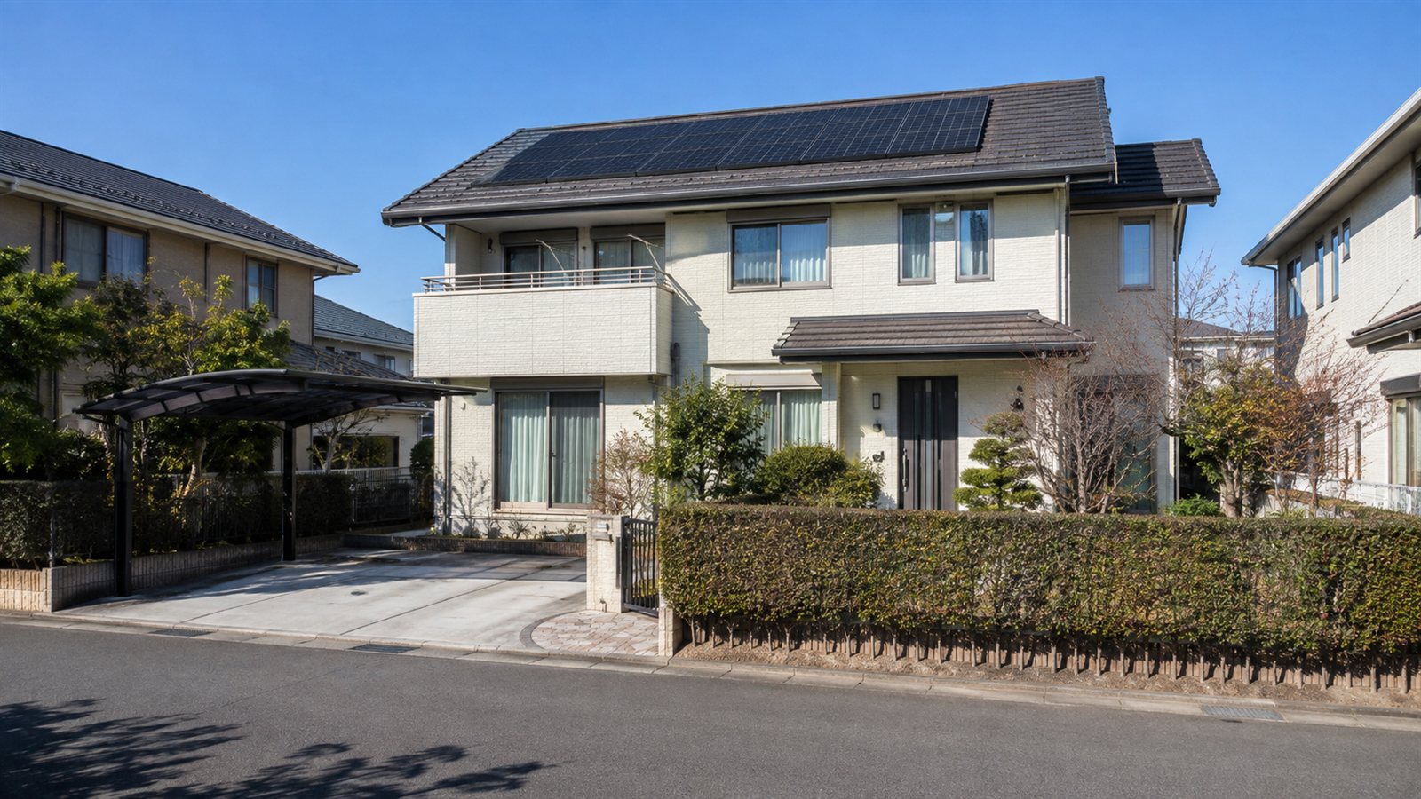 太陽光パネルが設置された住宅街の戸建て住宅