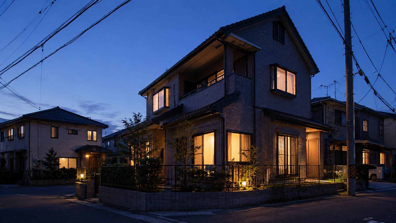 薄暮の住宅街で室内に灯りがついている戸建て住宅