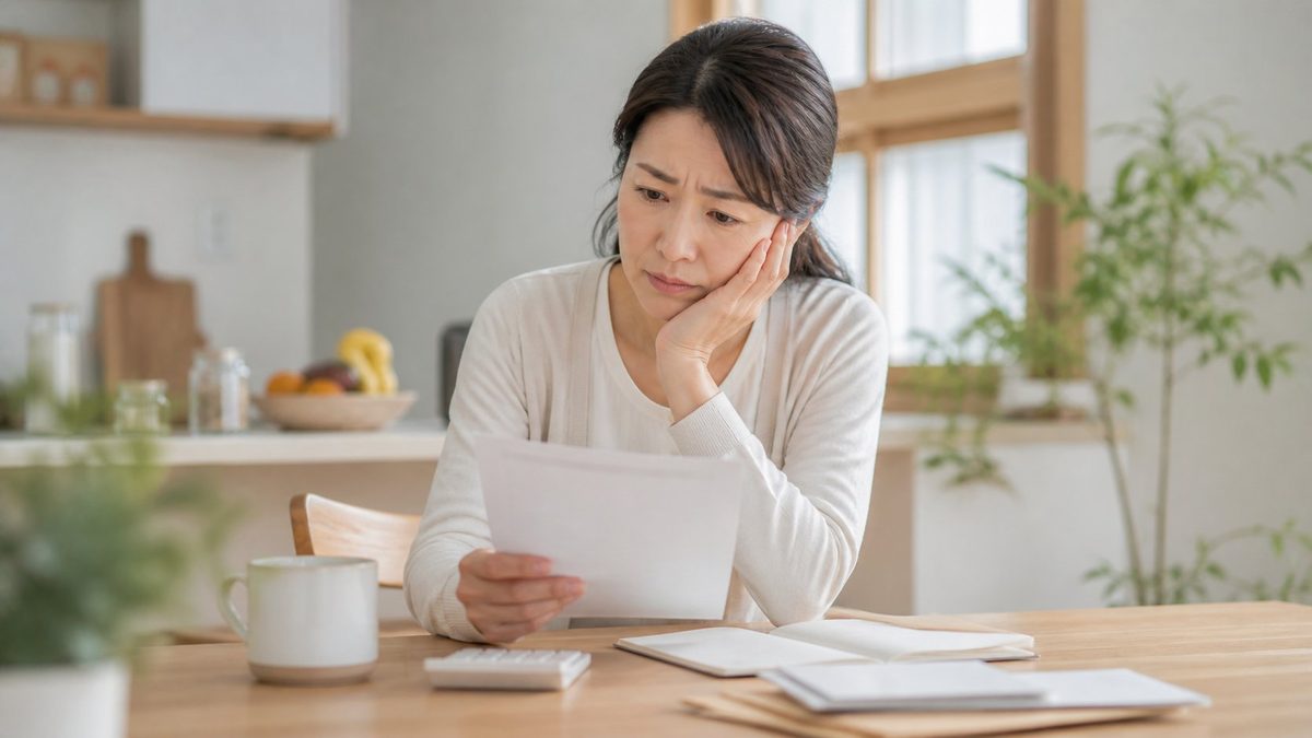 毎月の電気代の請求書を見て不安そうな表情の主婦