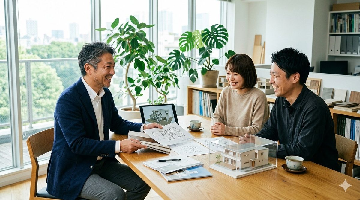 お客様夫婦と笑顔で無料相談に応じるワイユーの担当者