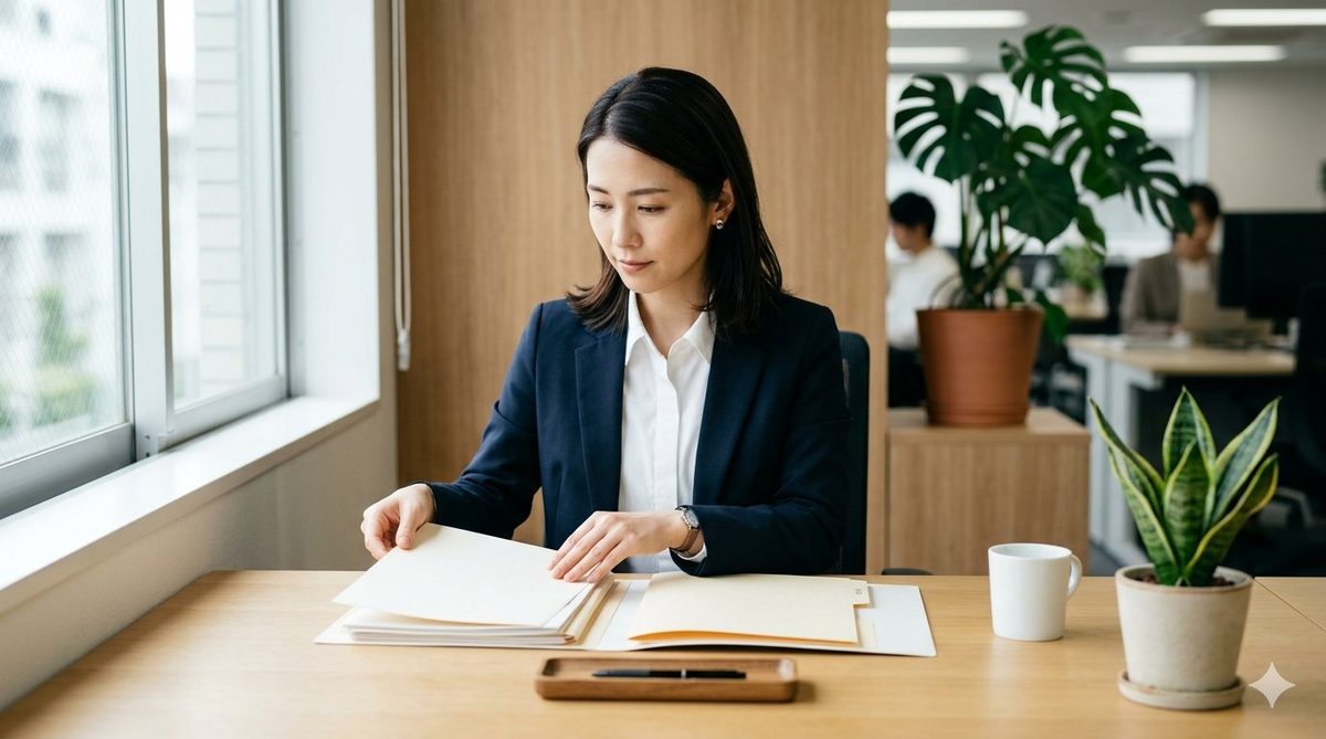 お客様のために補助金書類を丁寧に整理する担当者