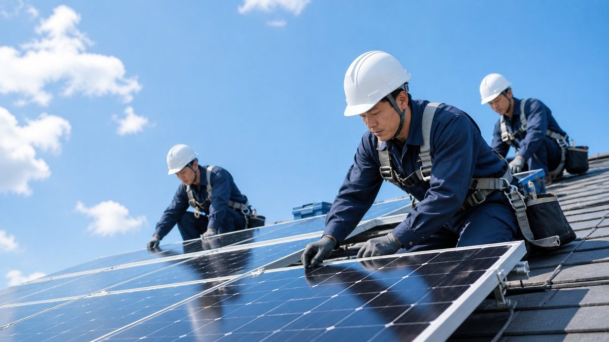 屋根の上で太陽光パネルを設置する施工チーム