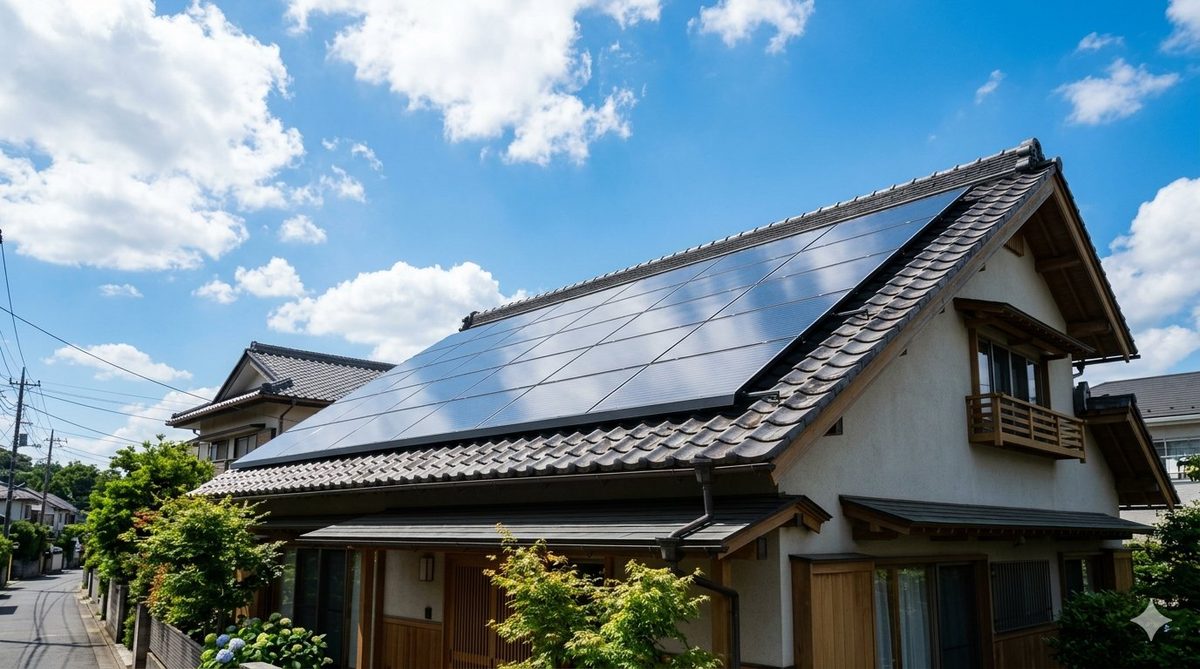 日本の戸建て住宅の屋根に整然と設置された高品質な太陽光パネル