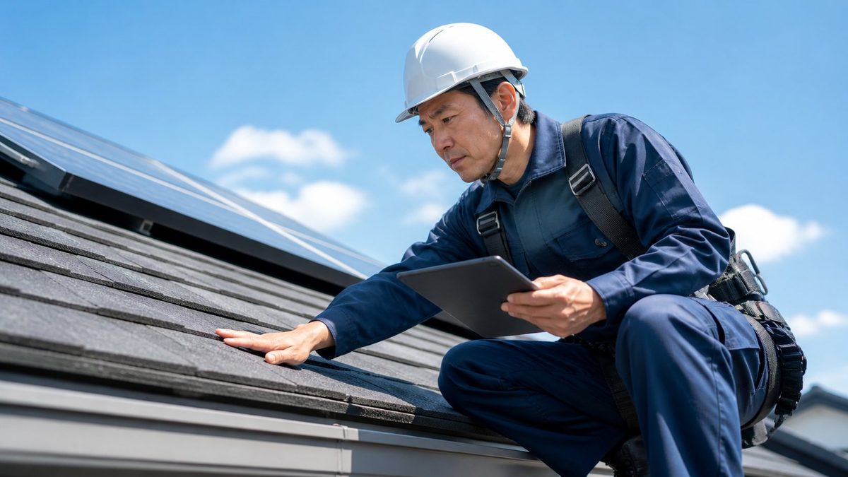 屋根の上で太陽光導入の適性を真剣に診断する屋根のプロ
