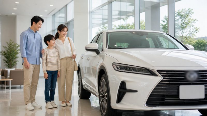 家族3人で新車を眺めている様子