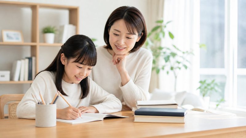 お母さんと女の子が一緒に勉強している様子