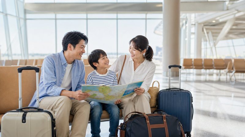 家族3人で空港で旅行を楽しんでいる様子