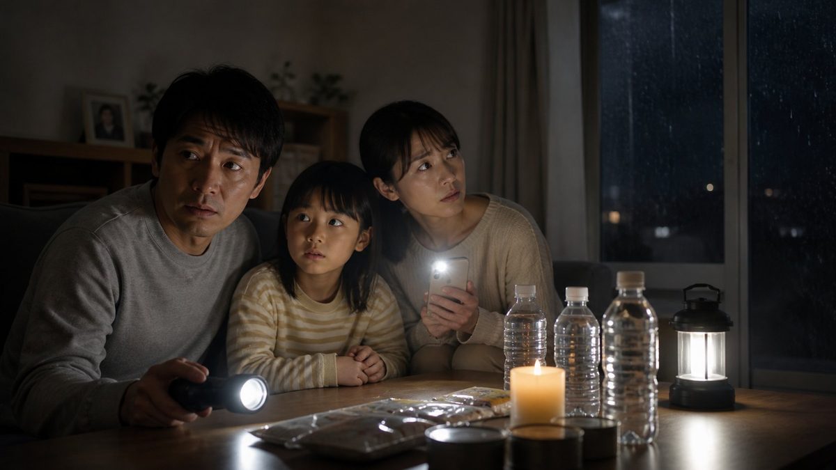 停電中、懐中電灯と非常食で過ごす家族