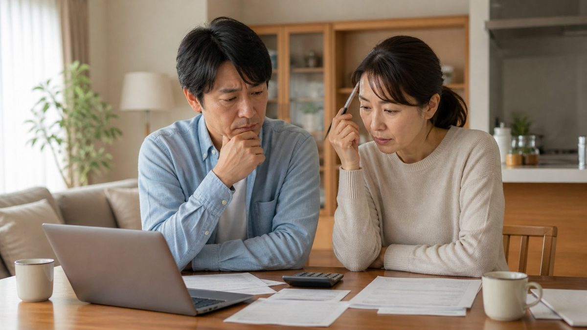 ノートパソコンと家計簿を前に検討する夫婦