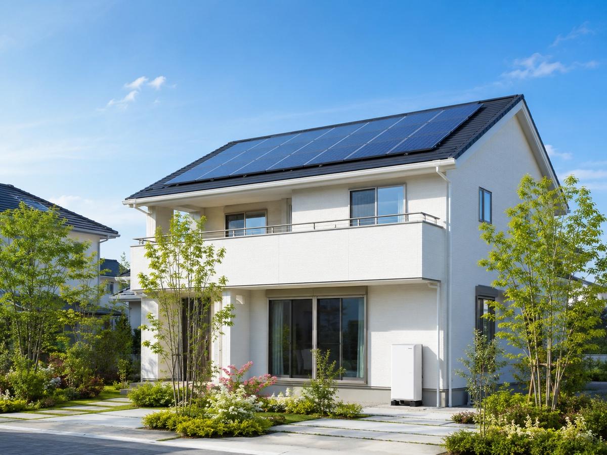 屋根に太陽光パネルと家庭用蓄電池を設置した戸建て住宅
