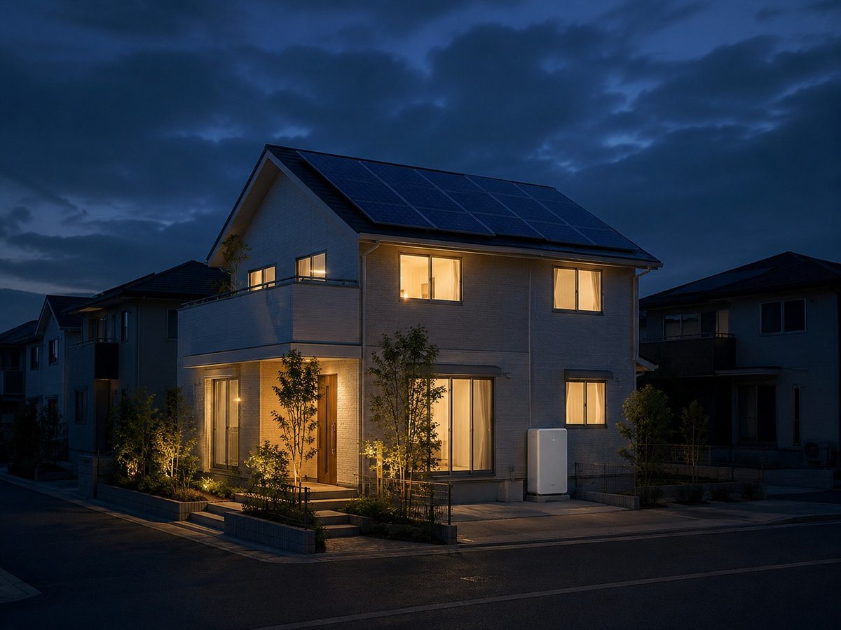 停電の夜も蓄電池で明かりが灯る戸建て住宅