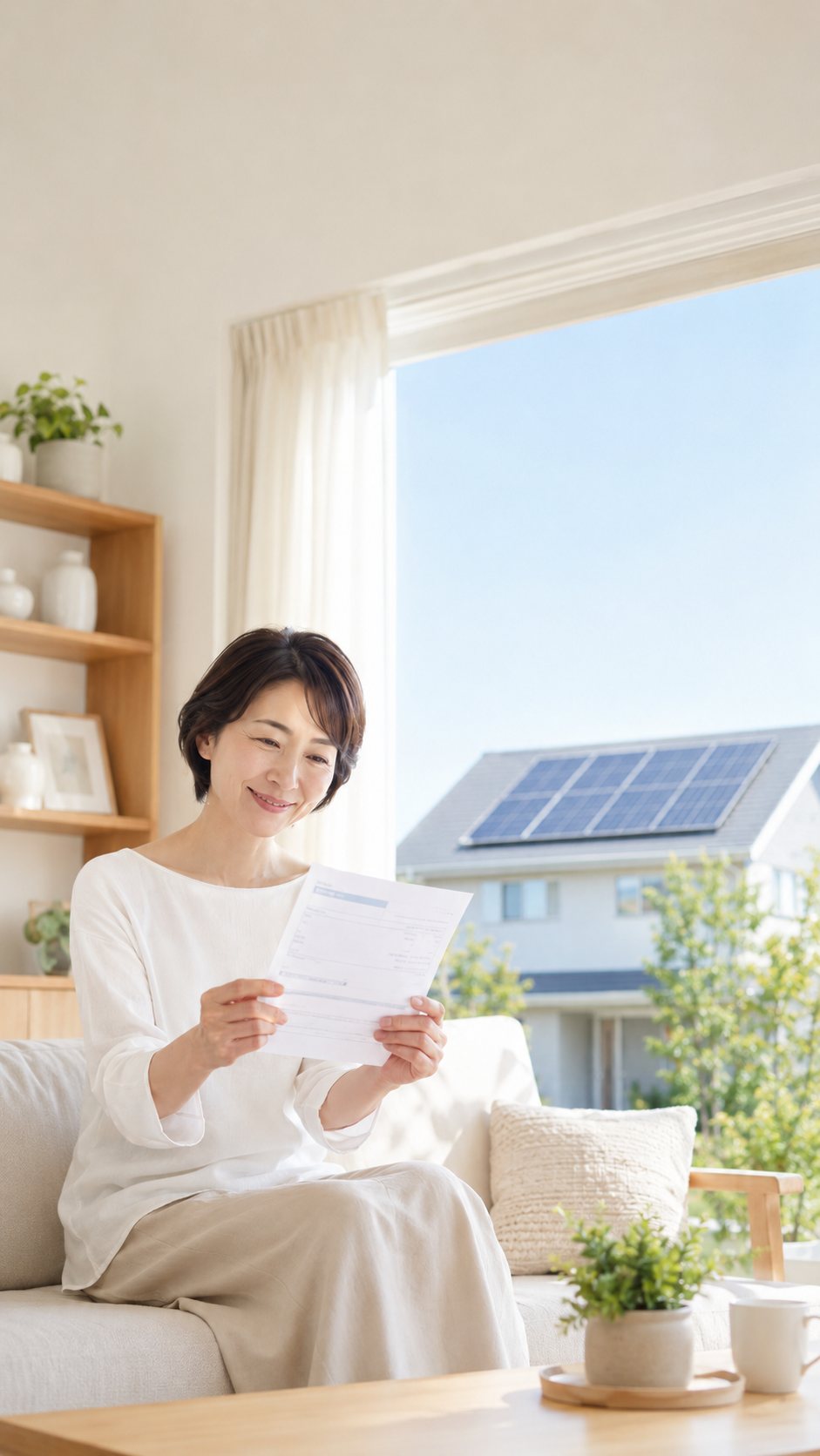 電気代の明細を見て安心する女性と、太陽光パネルの家